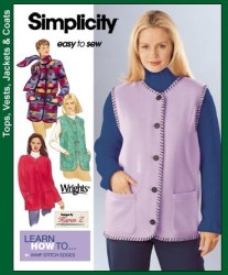 9883 SIMPLICITY FLEECE WOOL JACKET 2 LENGTHS, VEST AND SCARF PATTERN XS-MED OR L-XL CHOICE UNCUT